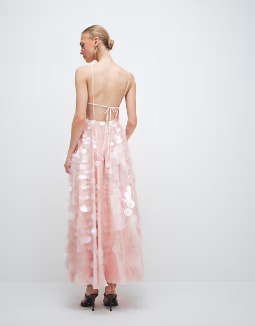sequin embellished cami midi dress with full skirt in soft pink