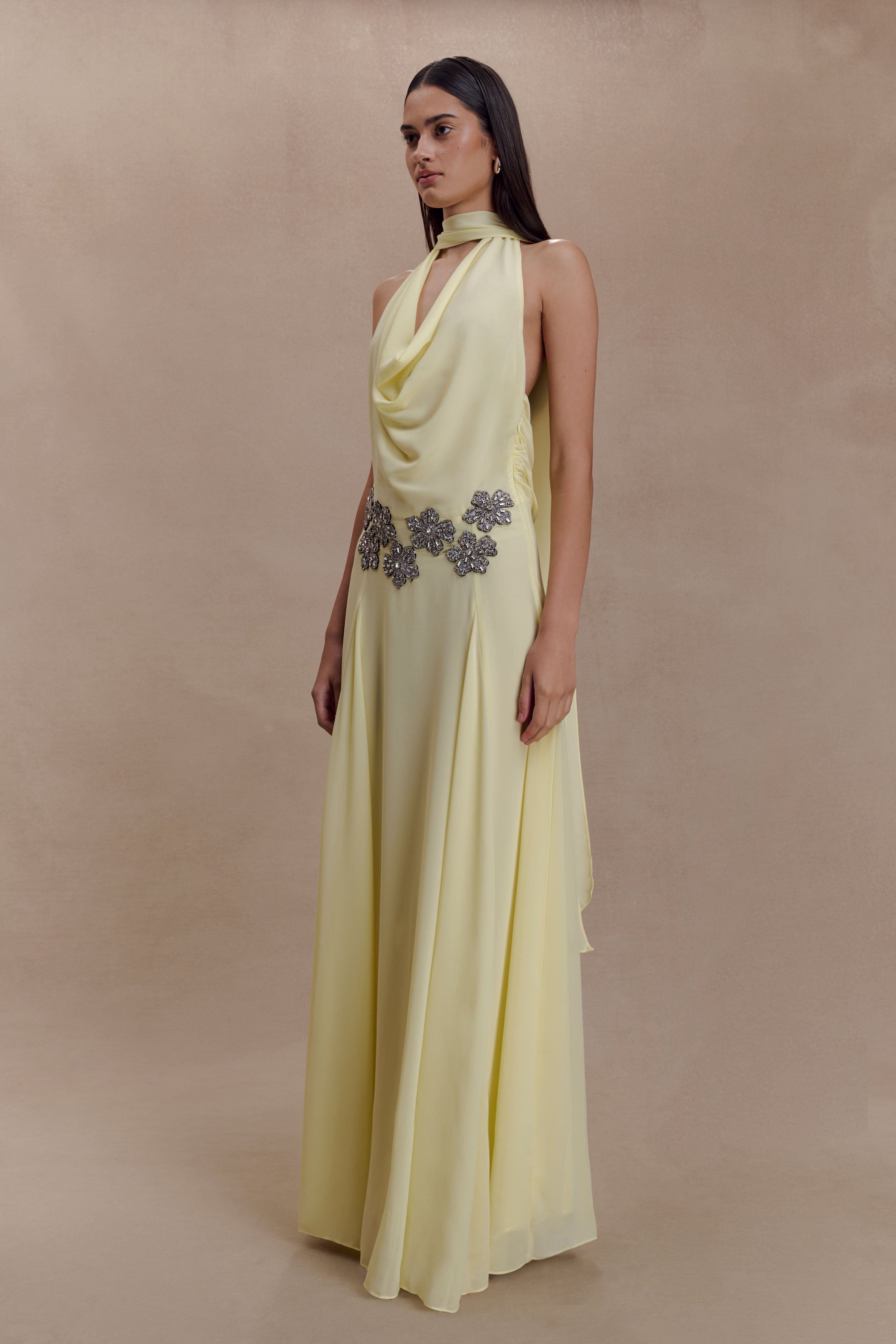 Santal Floral Chiffon Halter Maxi Dress