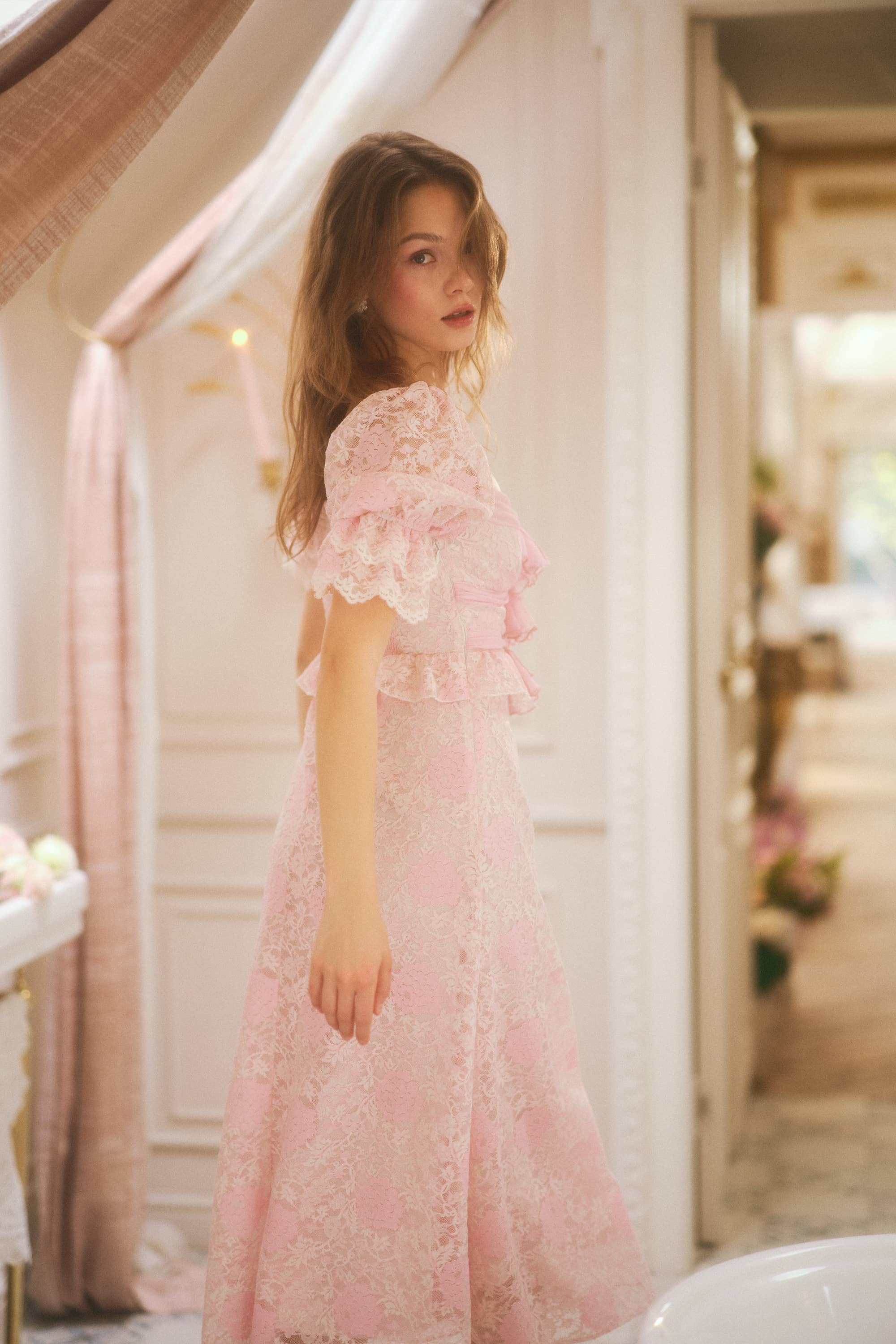 Harriet Lace Chiffon Midi Dress in Blush Pink - XS