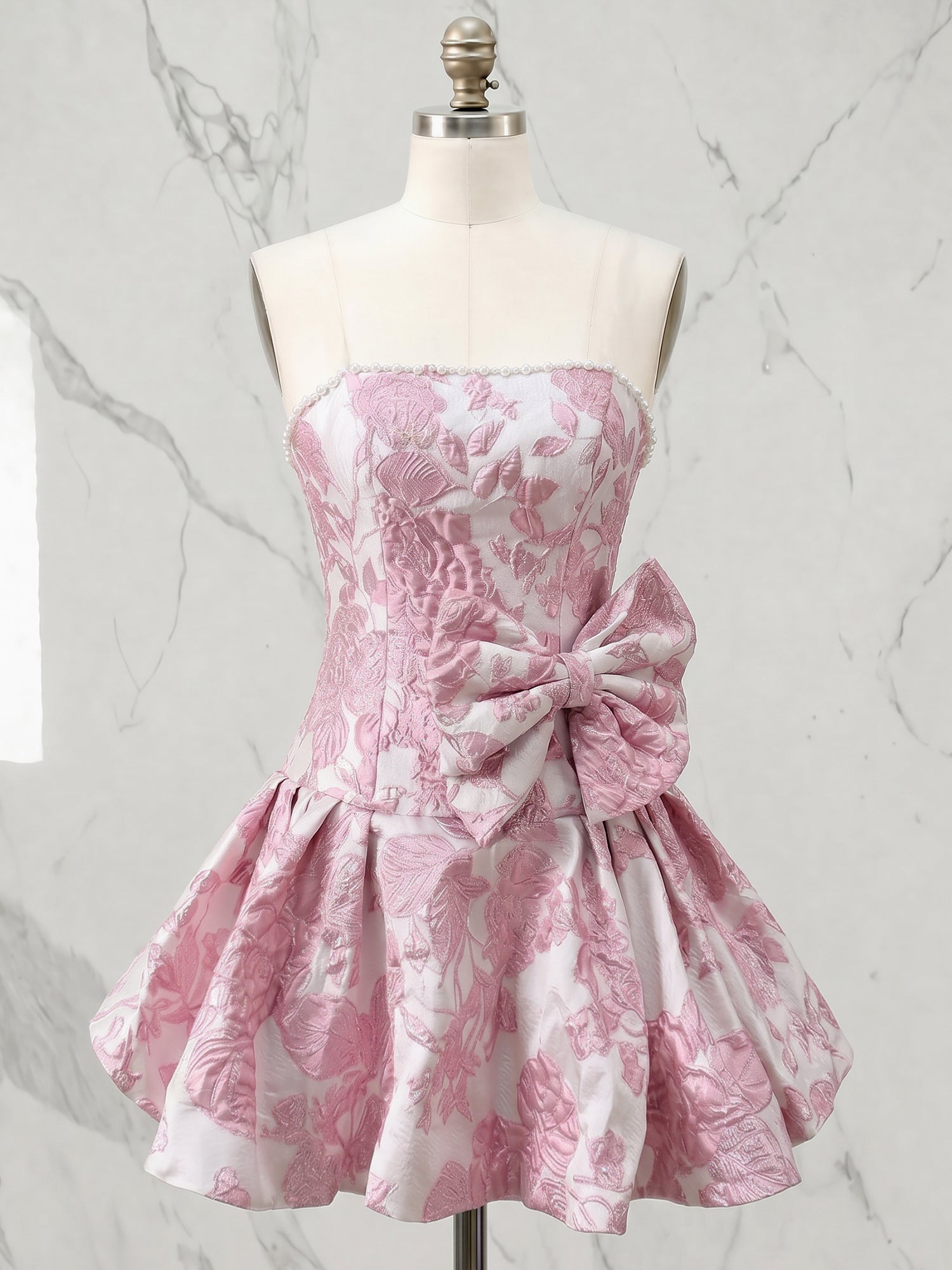 Strapless Pearl-Trimmed Floral Jacquard Short Homecoming Dresses with Side Bow - Pink