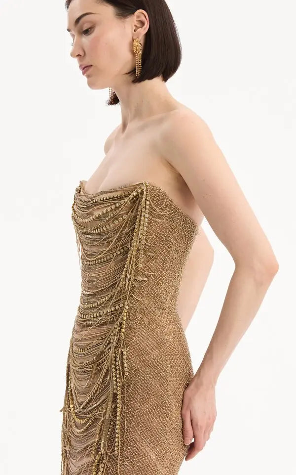 Strapless Bugle Loops Maxi Cocktail Dress - Gold