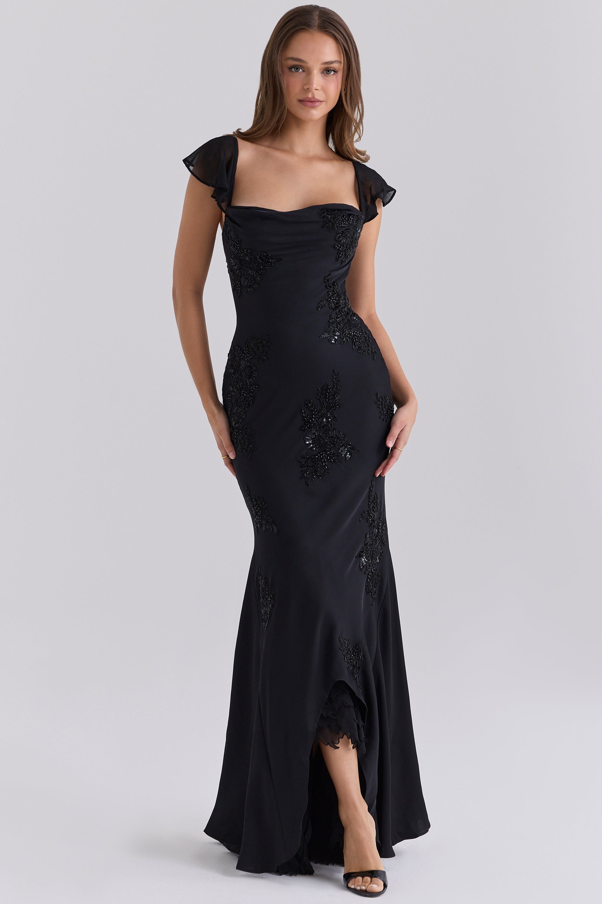 Arabella Black Satin Custom Hand Embellished Beaded Maxi Gown - Limited Edition
