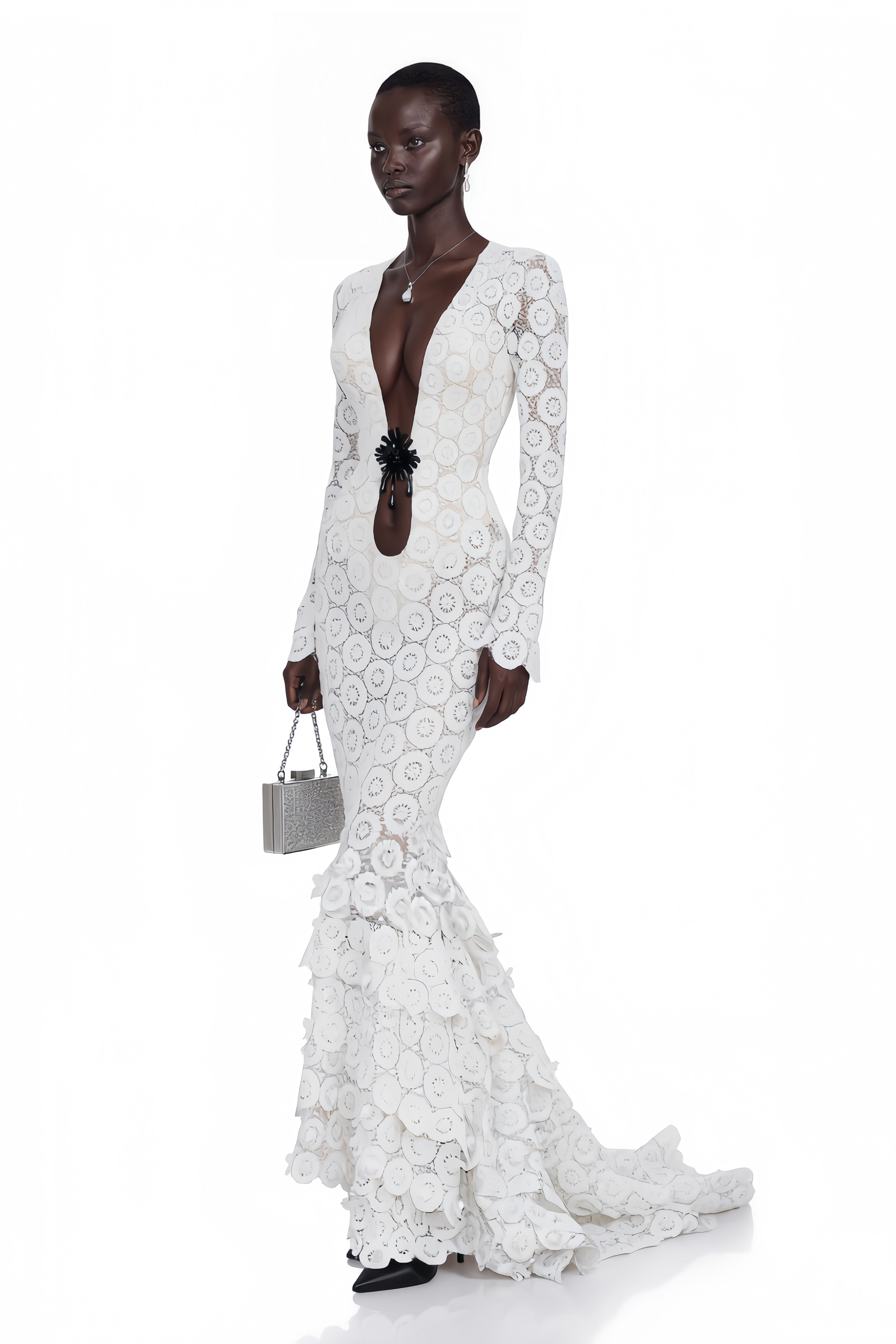 Cass White V-Neck Lace Bodycon Maxi Dress
