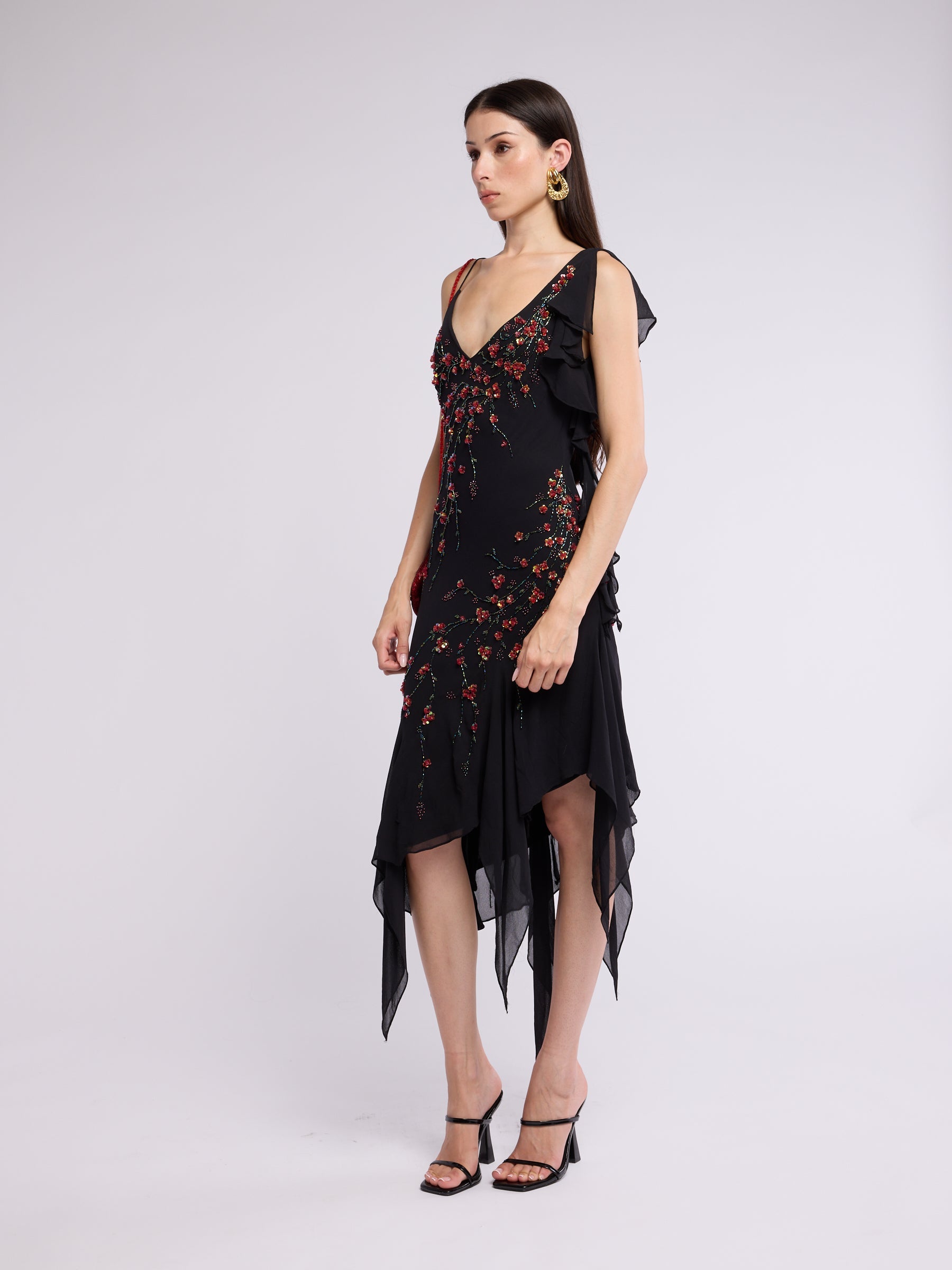 Sue Wong 2000s Floral Asymmetric Ruffle Dress