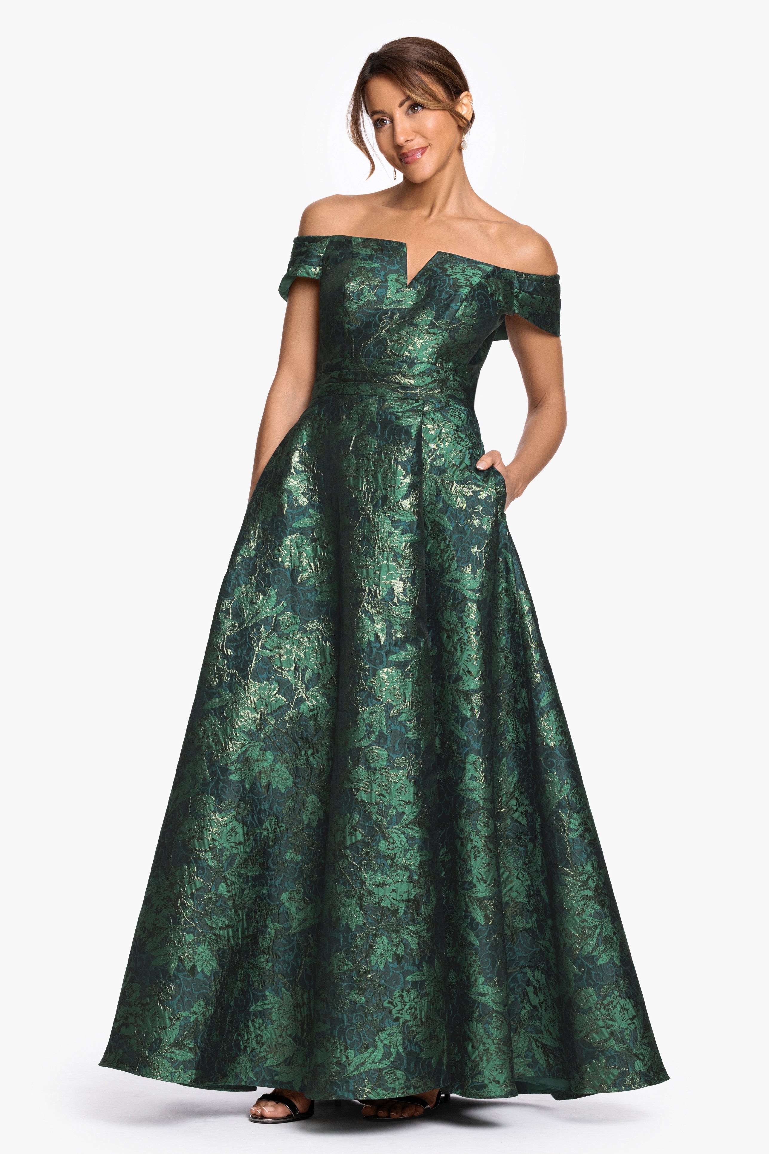 "Esther" Printed Brocade Off The Shoulder Gown