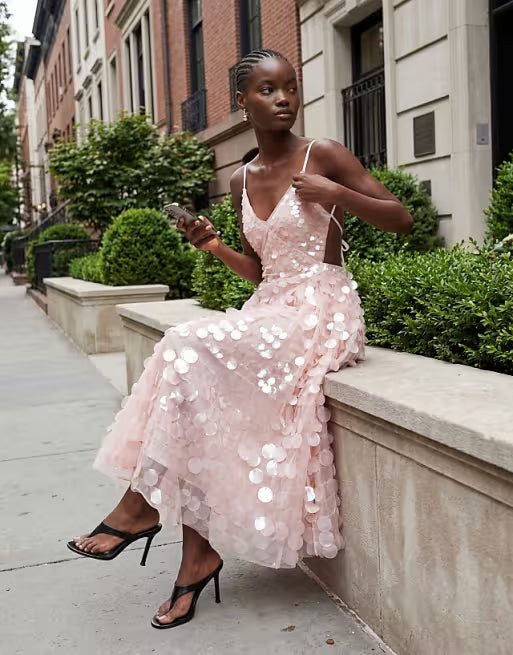 sequin embellished cami midi dress with full skirt in soft pink