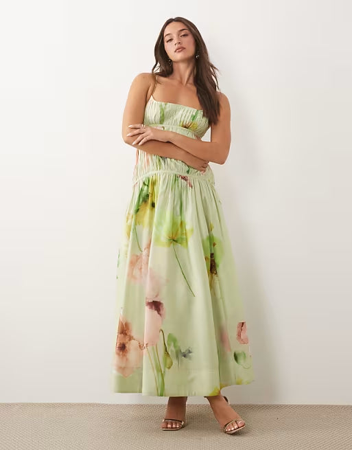 ruched backless cami maxi dress in abstract print