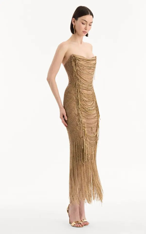 Strapless Bugle Loops Maxi Cocktail Dress - Gold