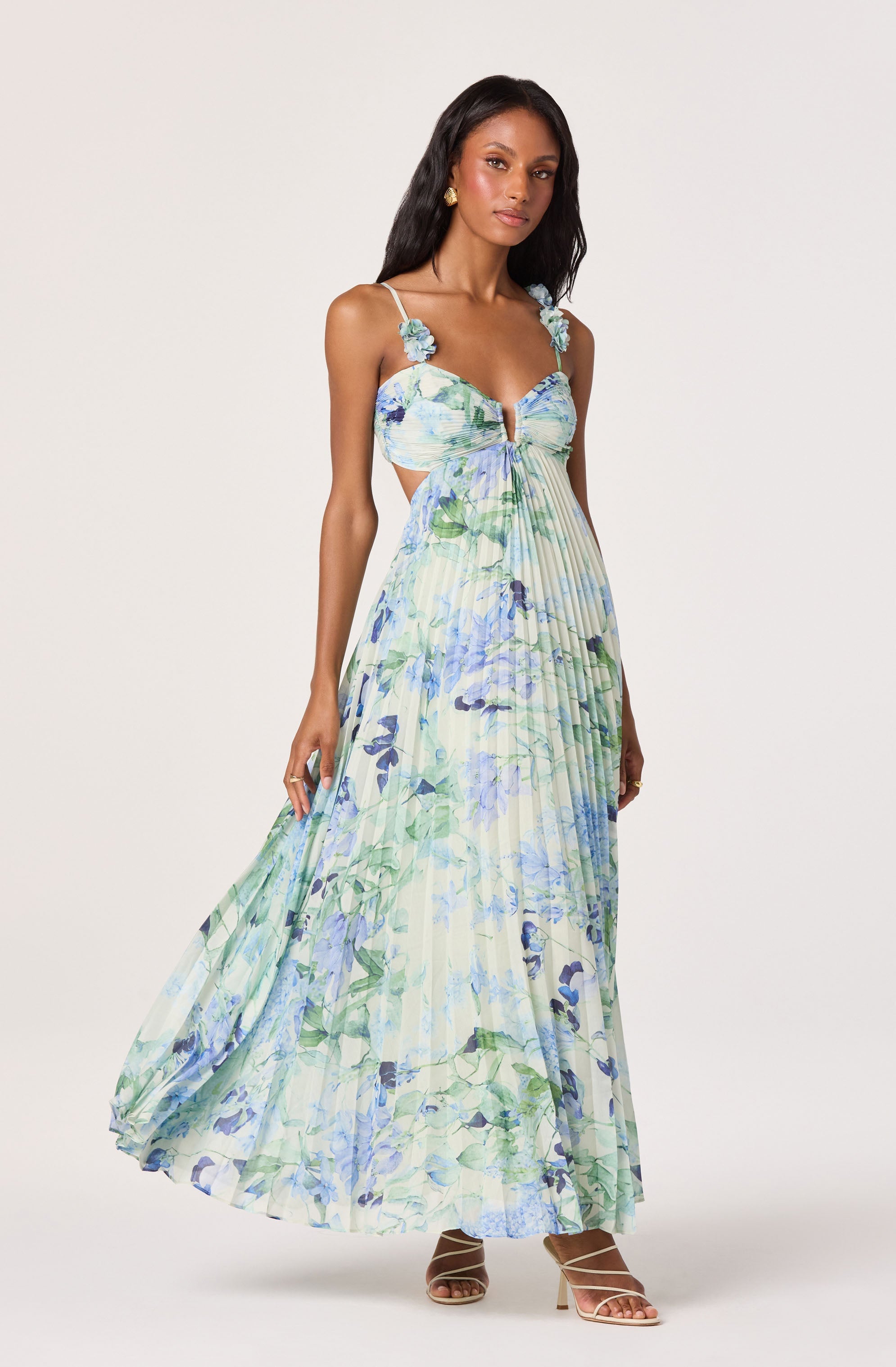 Emese Floral Cutout Maxi Dress - Green blue floral
