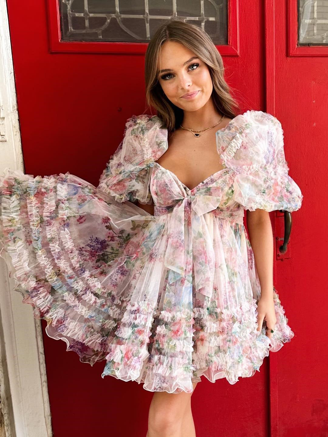 A-line Puff Sleeve Beautiful Floral Short Prom Dress Cute Tulle Homecoming Dress lop248A