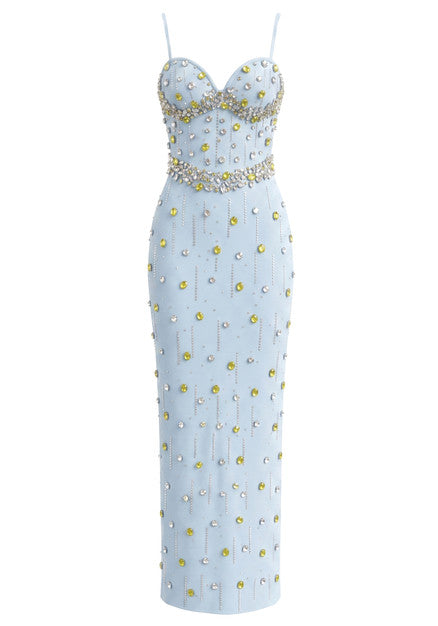Crystal Embellished Bustier Maxi Dress Blue