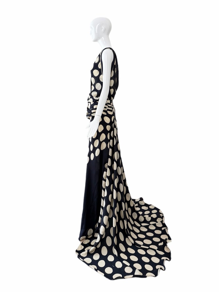 Abito da sera in seta blu notte con pois avorio, collezione Donna Karan 2003
