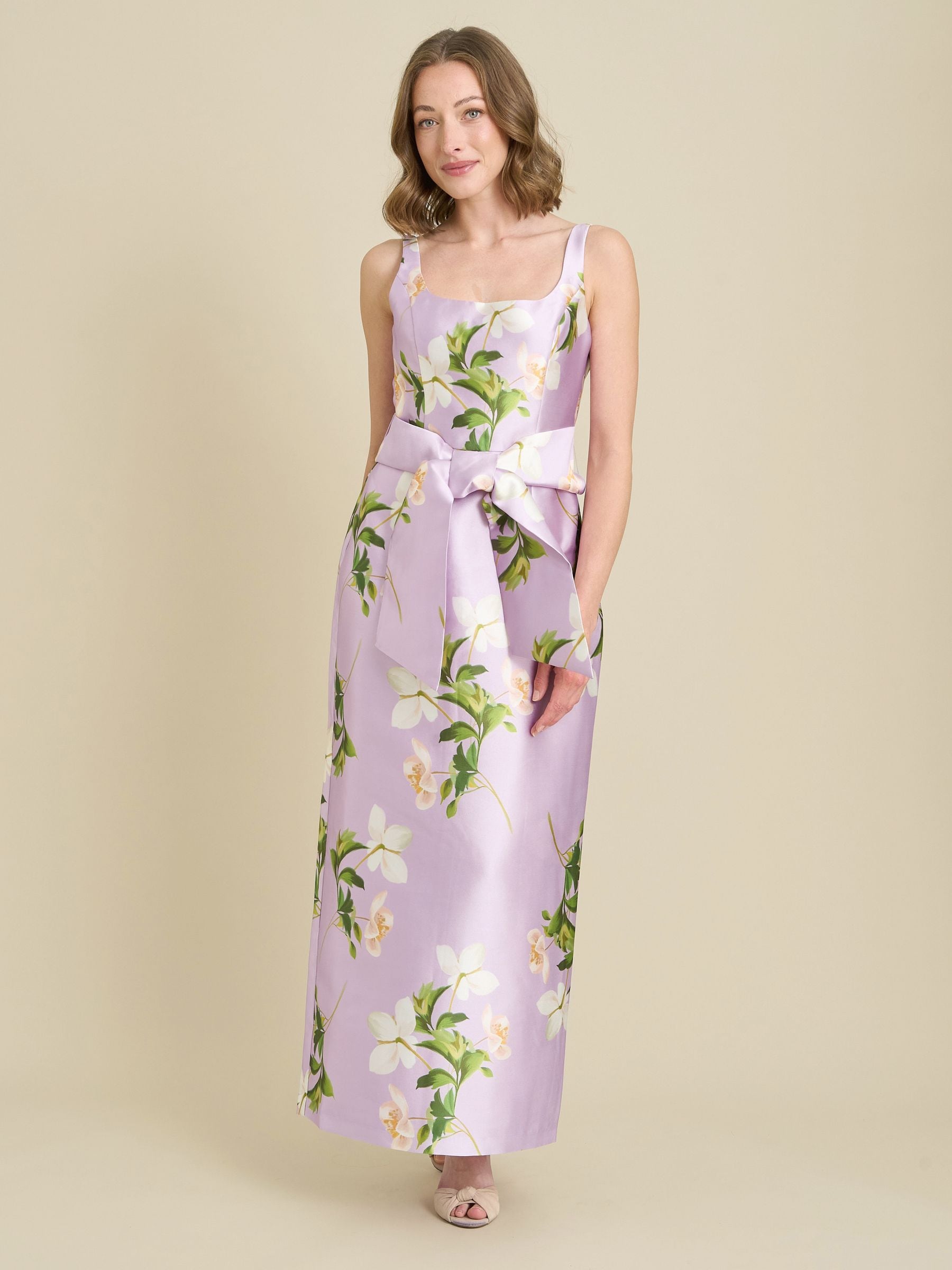 Gina Bacconi Purple Shawna Floral Tie Waist Maxi Dress - Size US 6