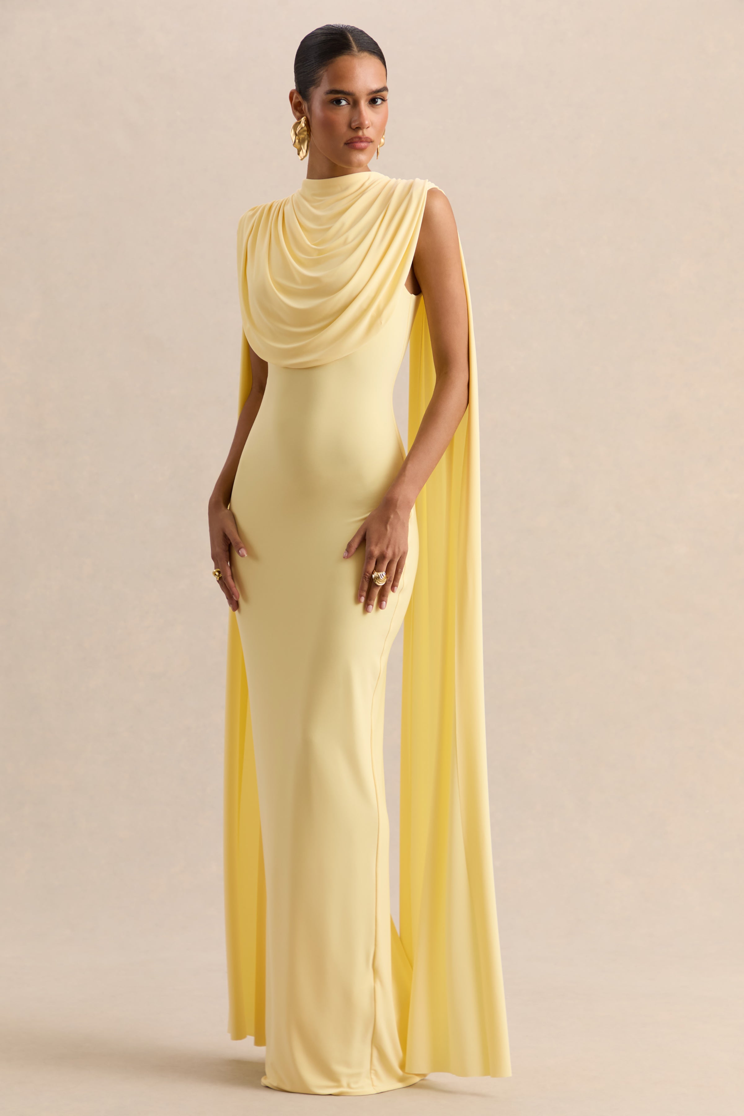 Patrina | Lemon High-Neck Maxi Dress With Draped-Detailing And Cape-Sleeves - US 2 / LEMON