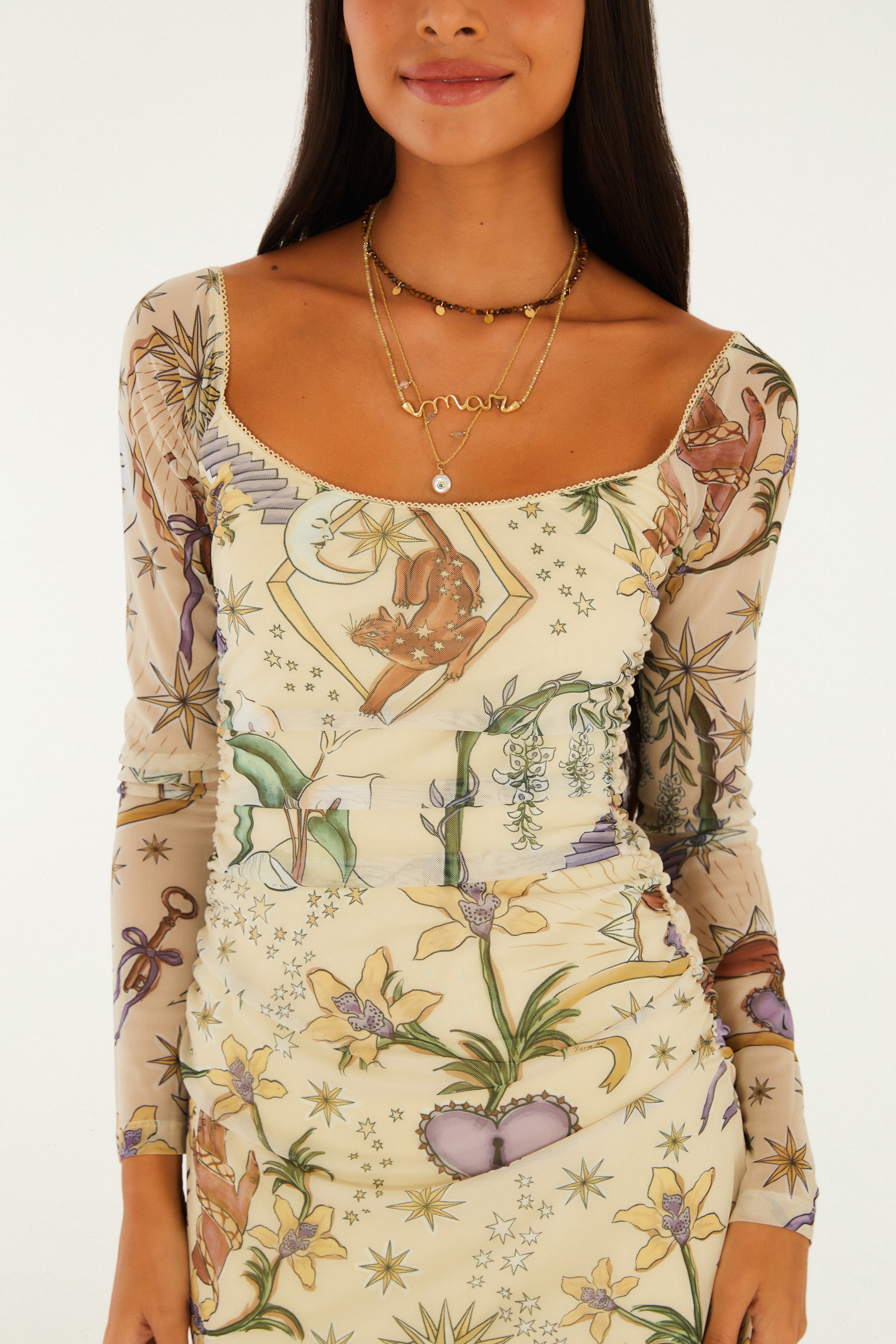 Vestido Tule Estampado Tropical Místico