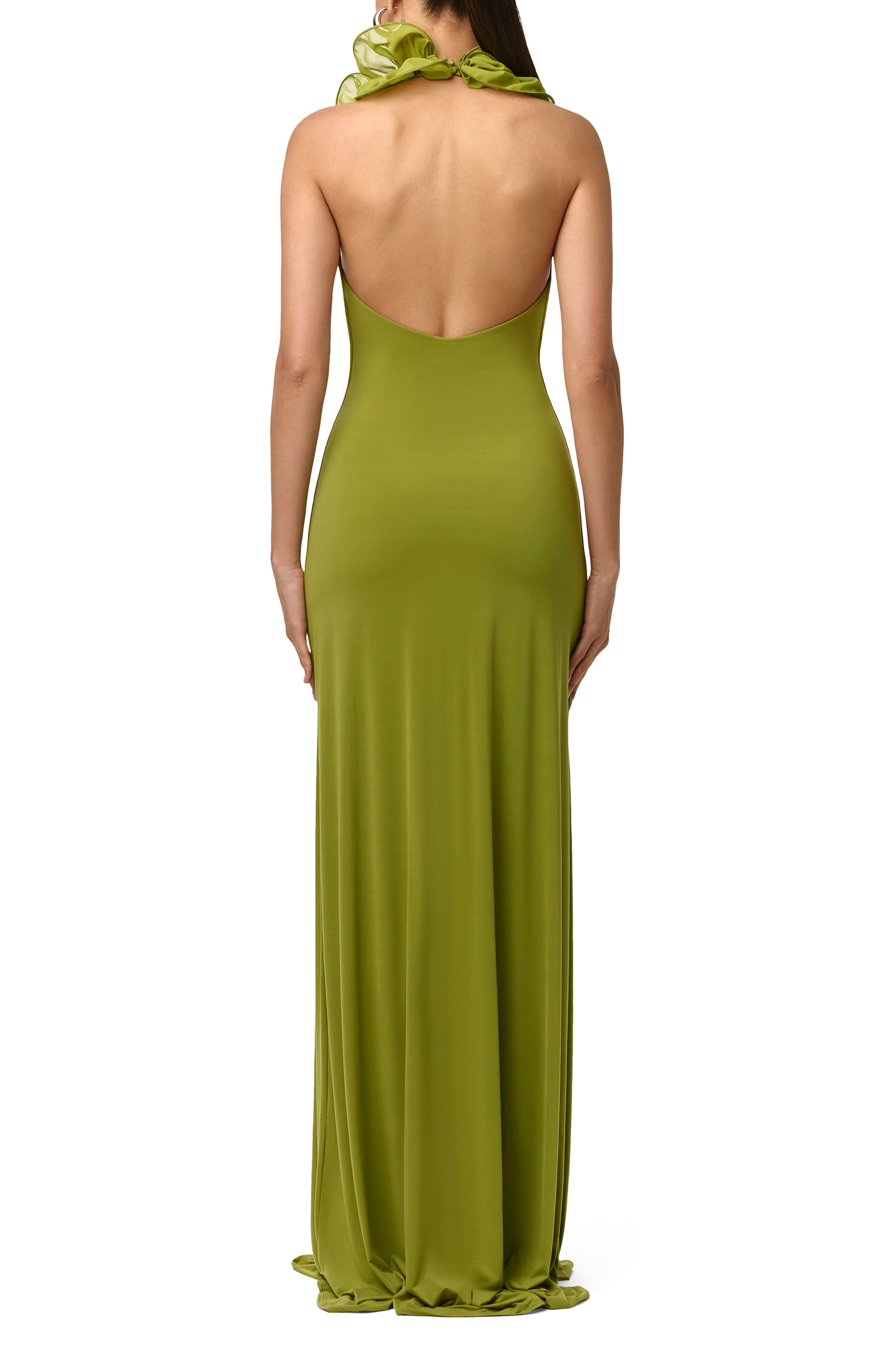 Ruffle Plunge Halter Maxi Dress