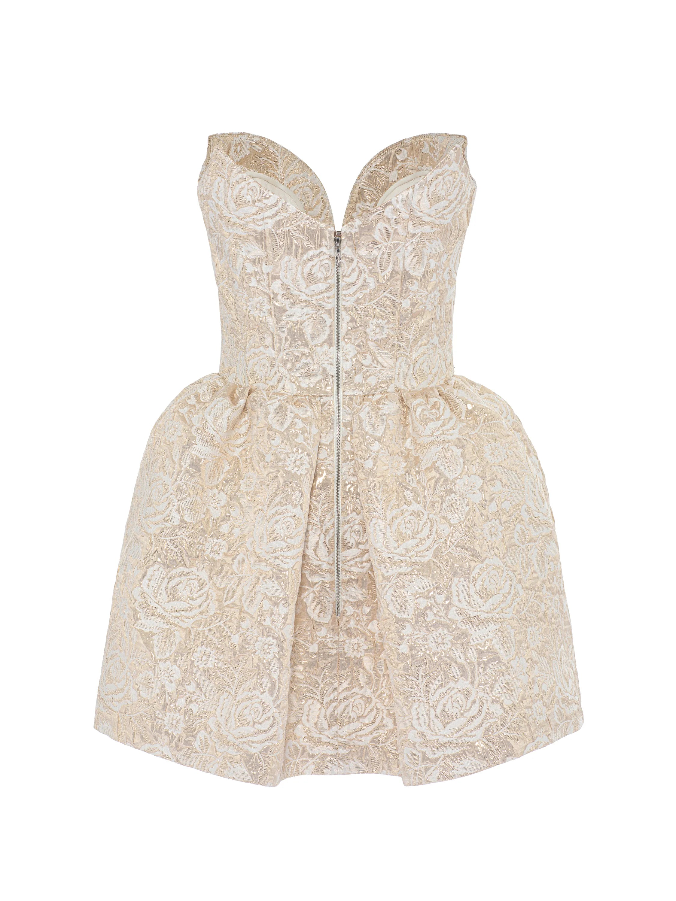 Brocade mini dress with gold rose detail in camel