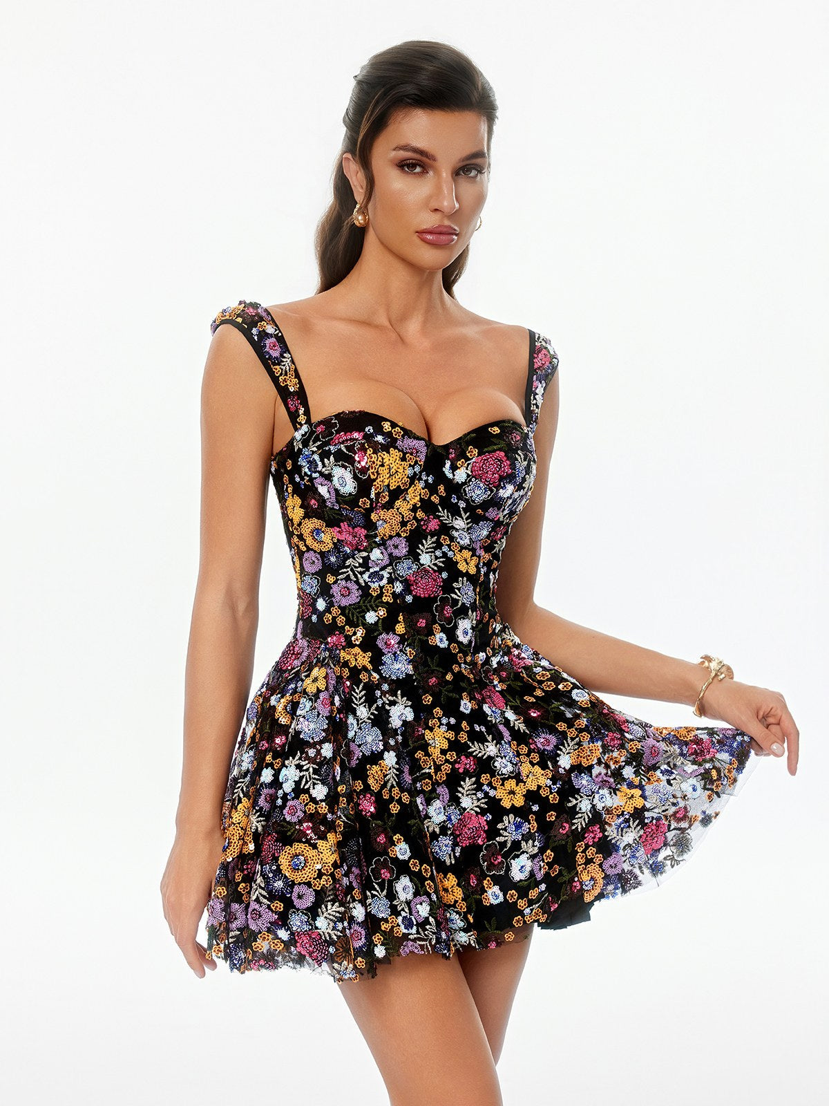 S Galenx Embroidered Flower Sequin Mini Dress