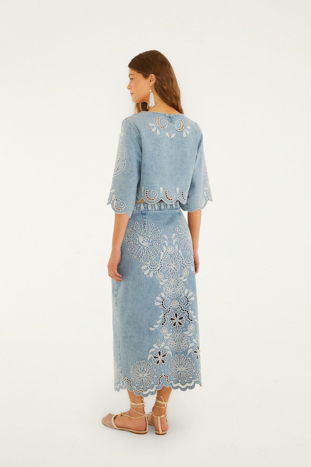 Denim Richelieu Wavy Hem Midi Skirt