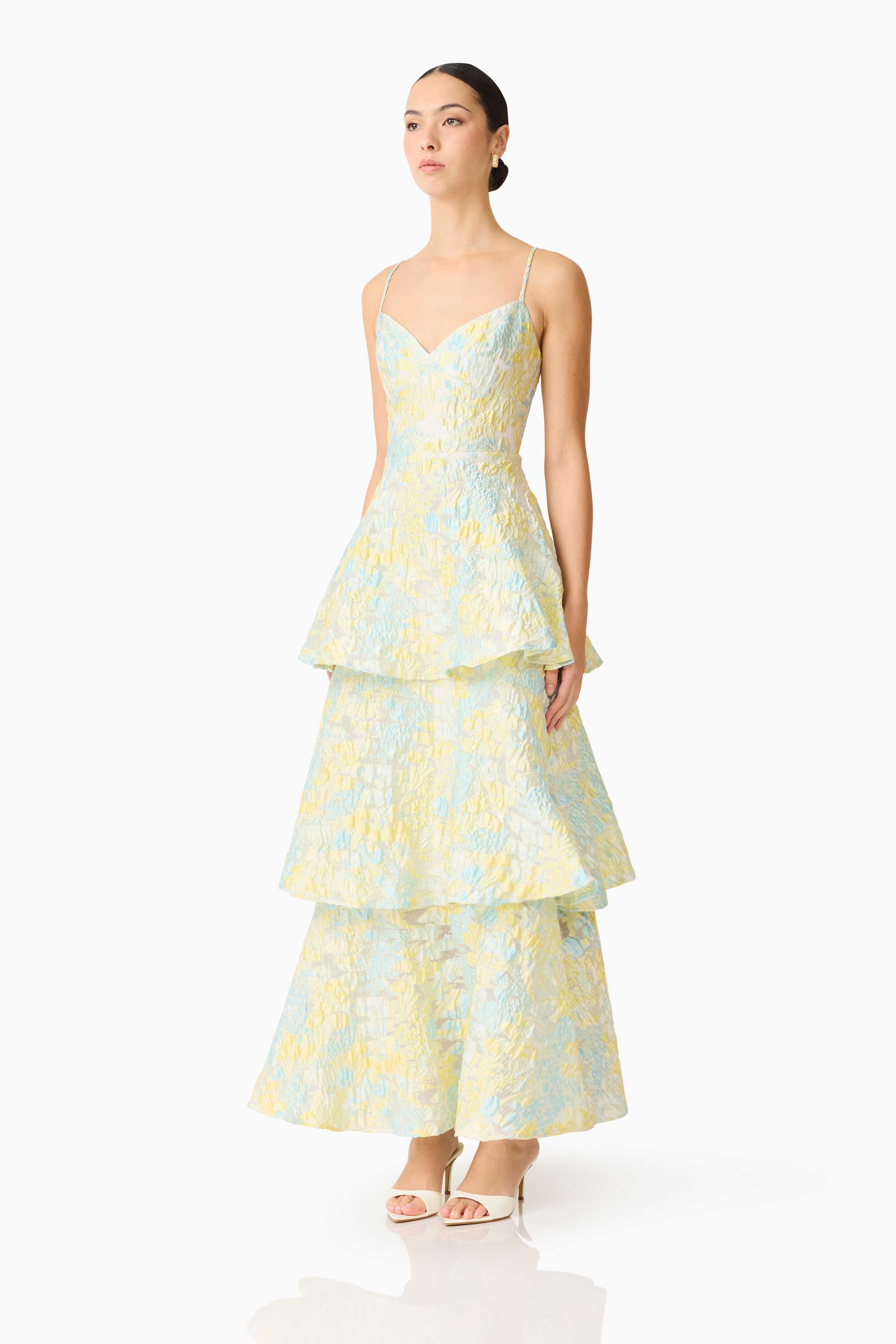 Penelope Tiered Gown in Yellow & Blue Floral