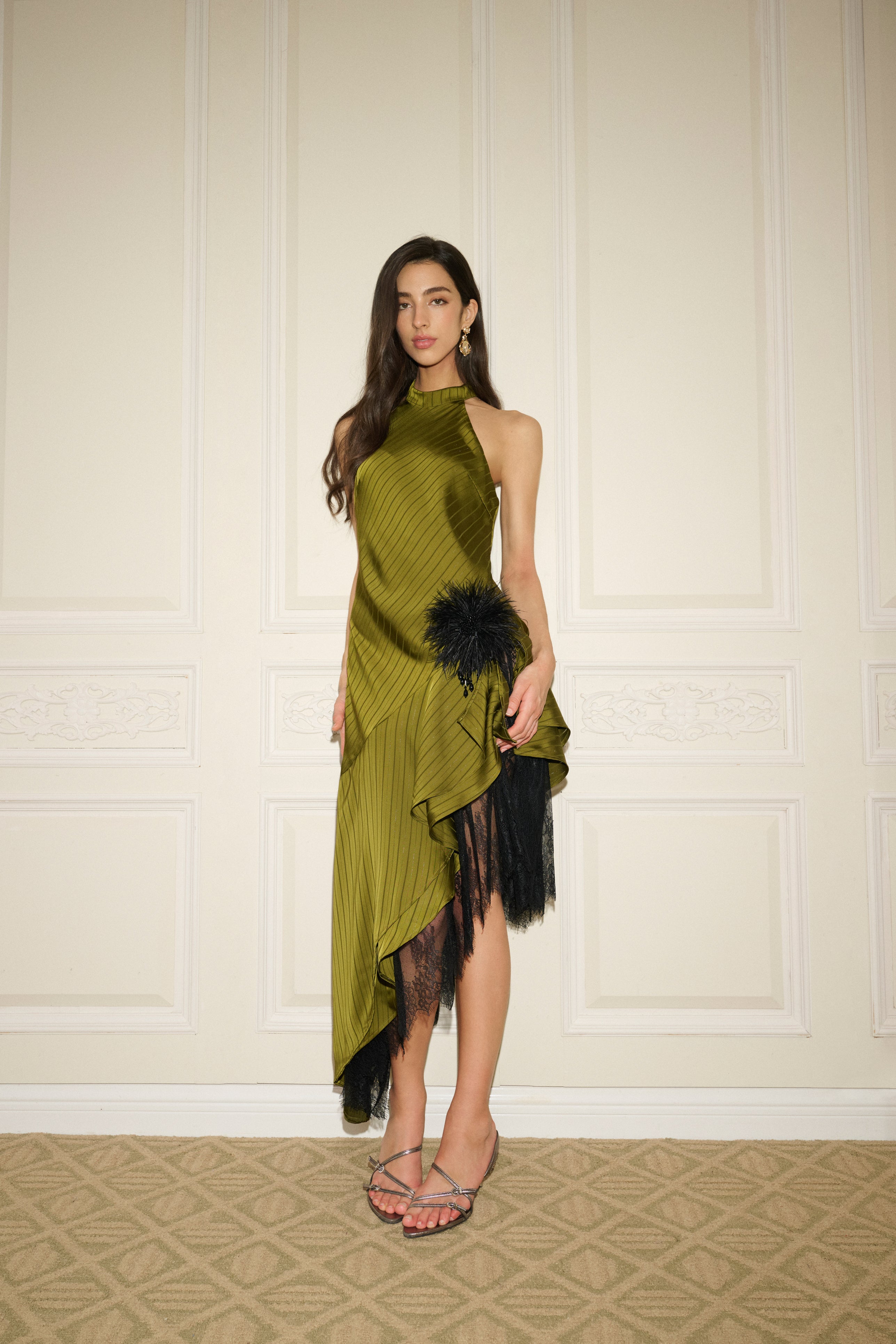 Pinstripe ostrich feather asymmetric dress