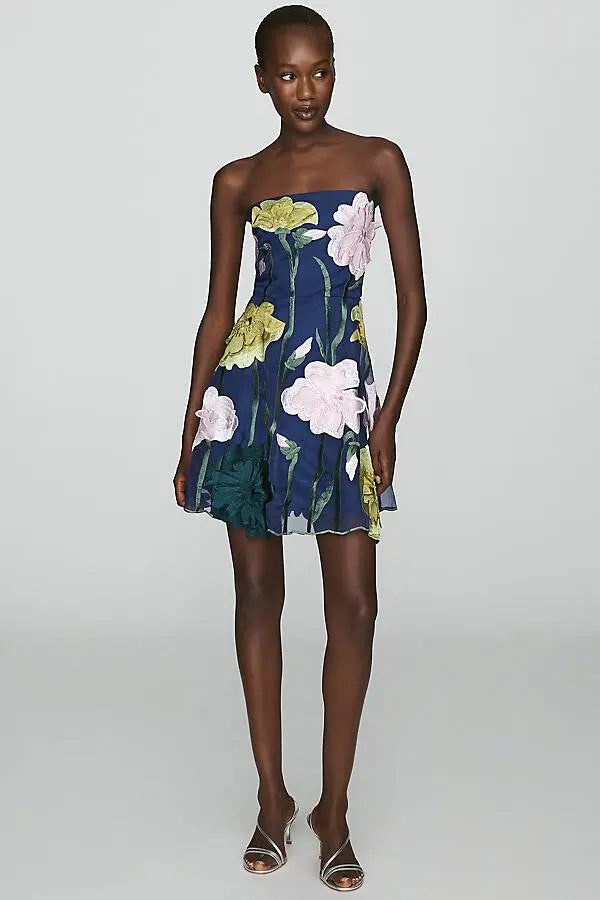 Floral Organza Mini Dress - Navy