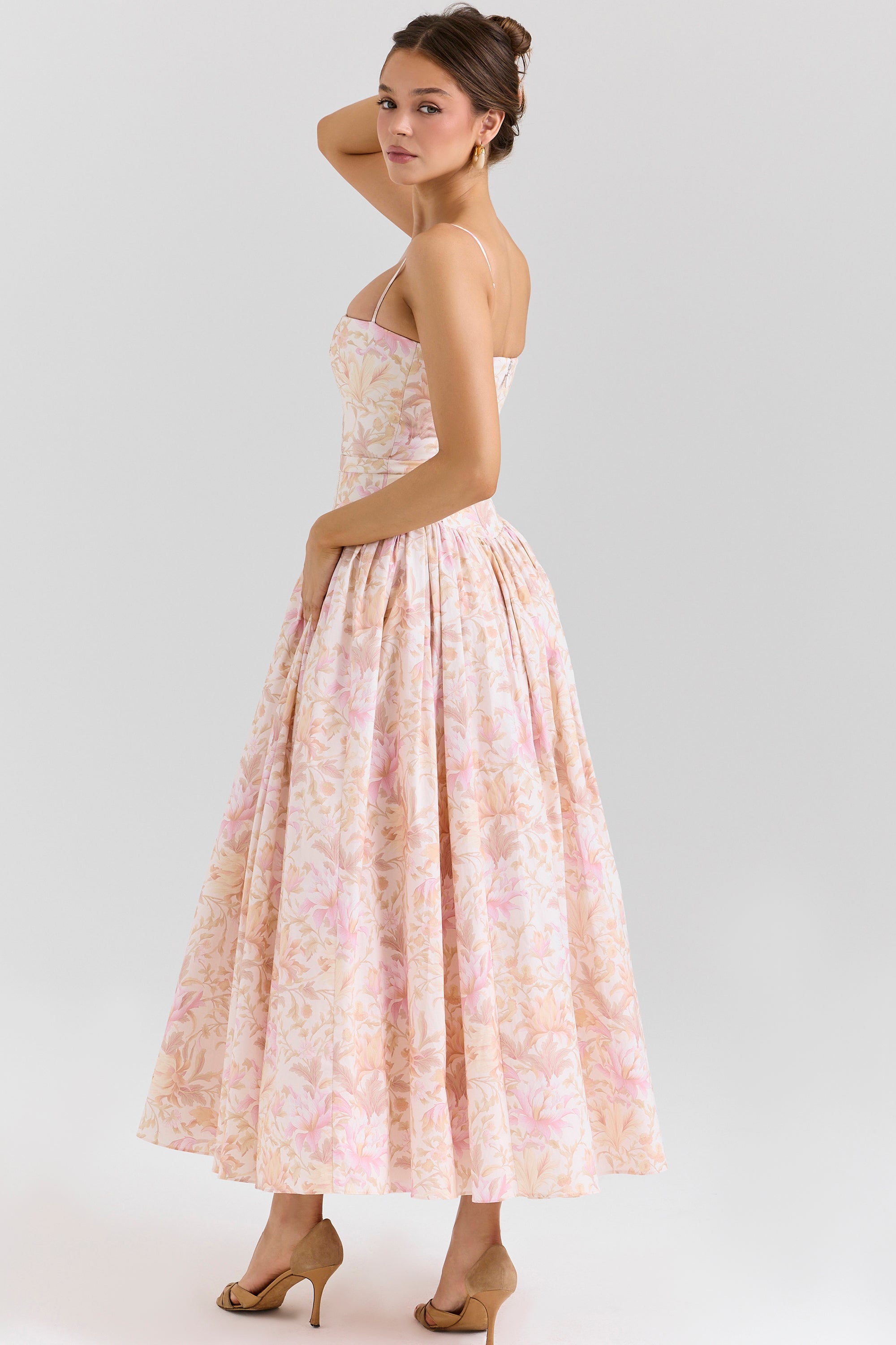 Ysabella Peach Floral Print Stretch Cotton Midi Sundress