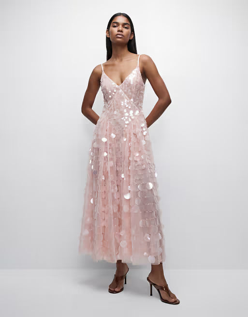sequin embellished cami midi dress with full skirt in soft pink