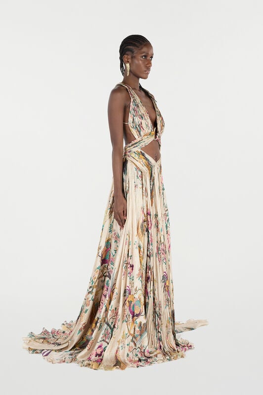 Extralanges Kleid Aus Reiner Seide Mit Oriental Bird Print