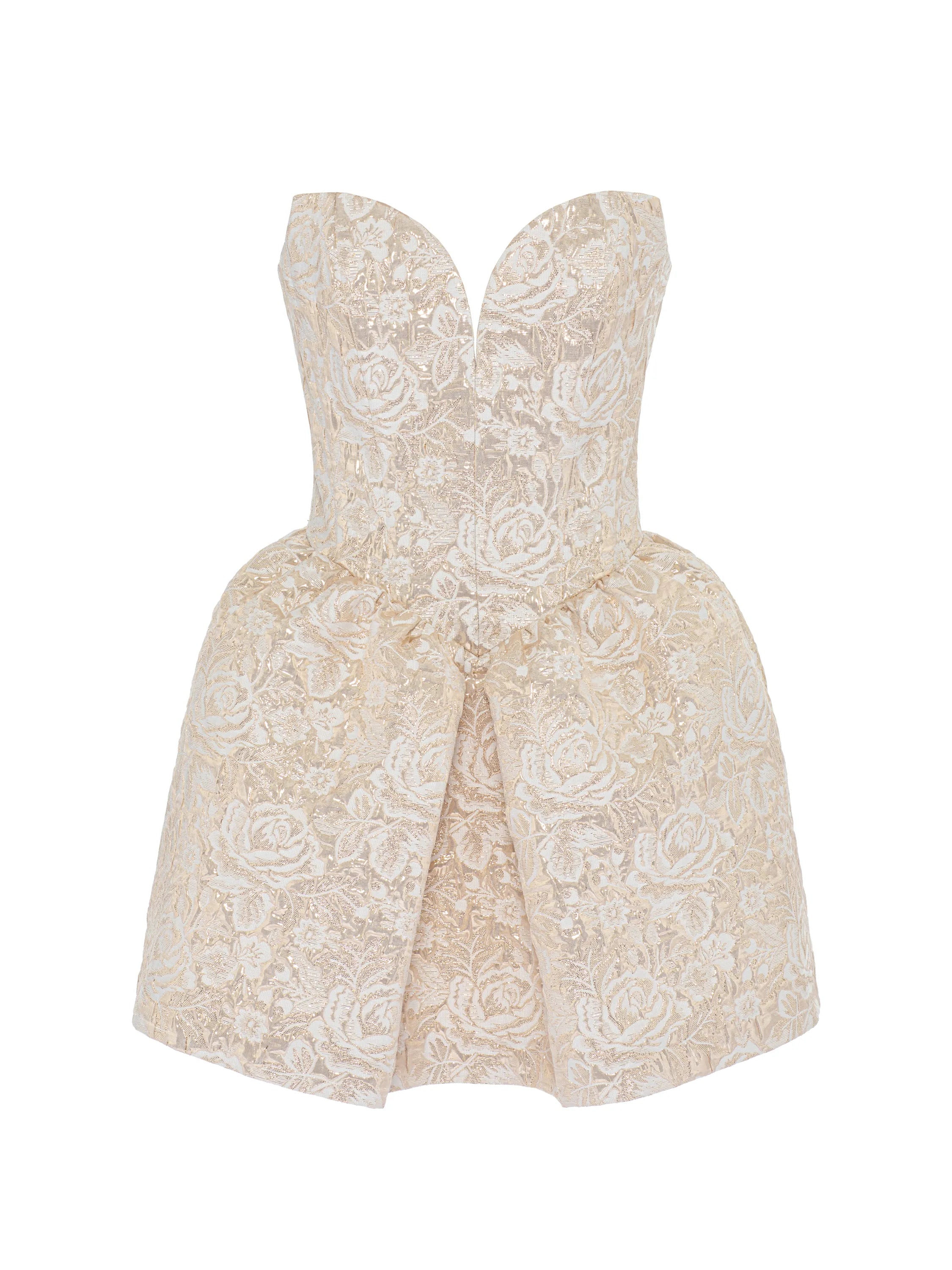 Brocade mini dress with gold rose detail in camel
