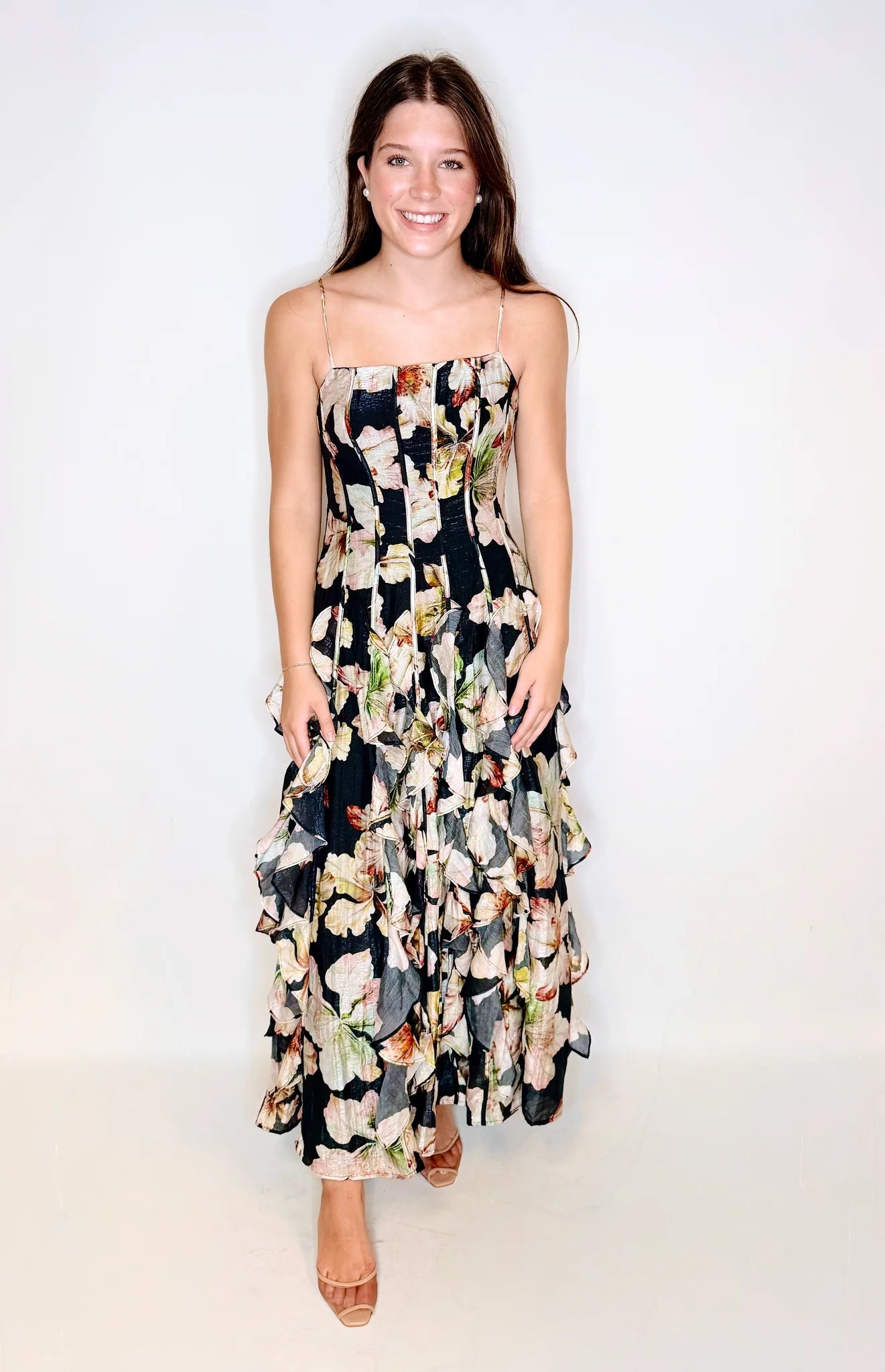 Romantic Floral Ruffle Hem Gown