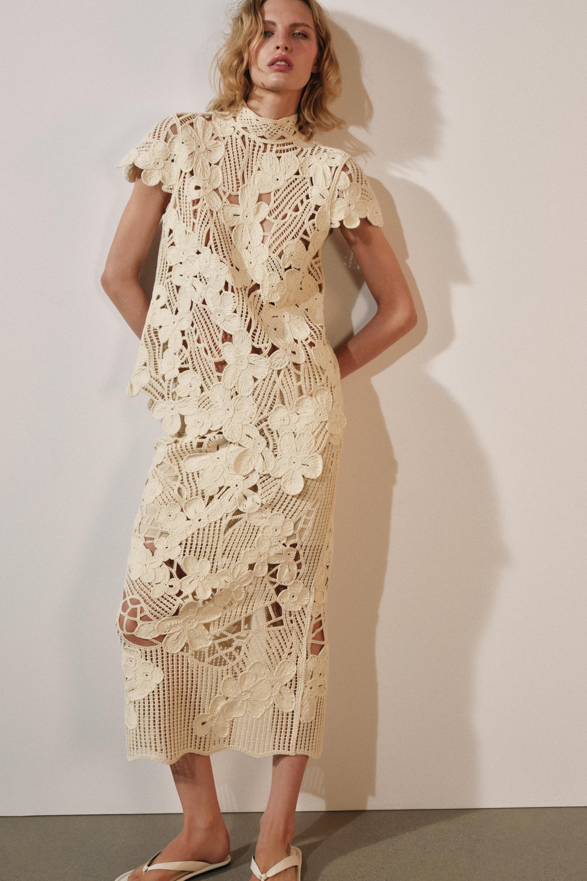 CROCHET MIDI SKIRT - Ecru