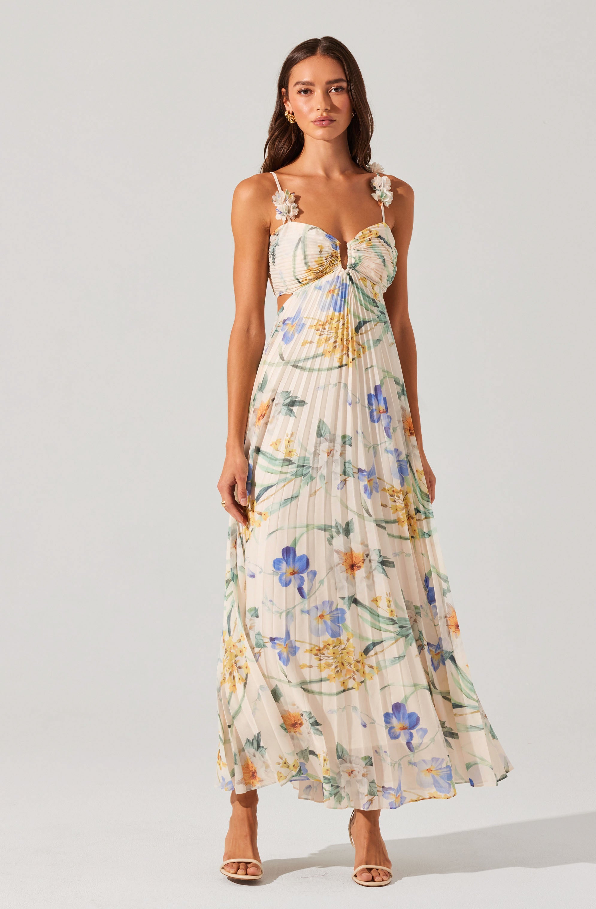 Emese Floral Pleated Maxi Dress - Blue multi floral / XS