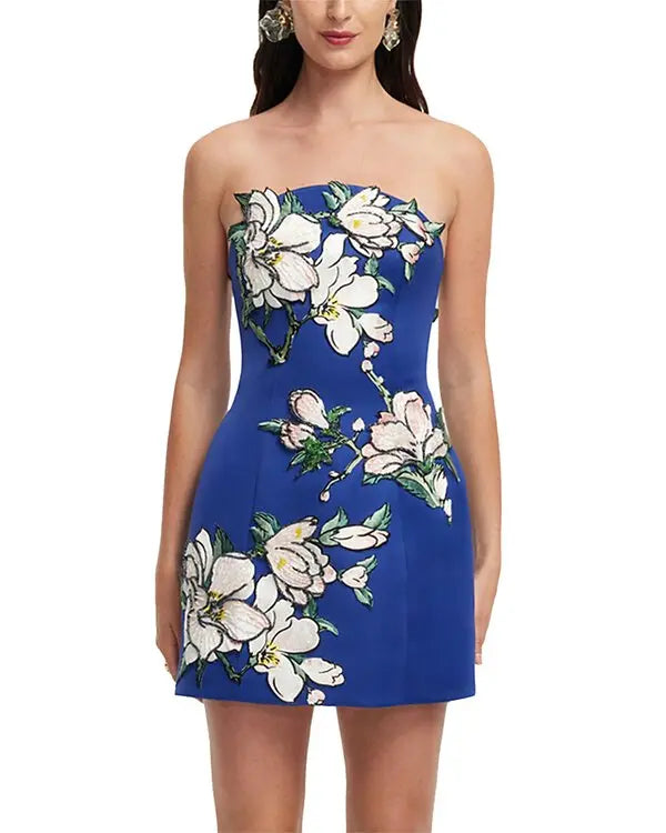 Zaria Applique Floral Bustier Mini Dress - Blue