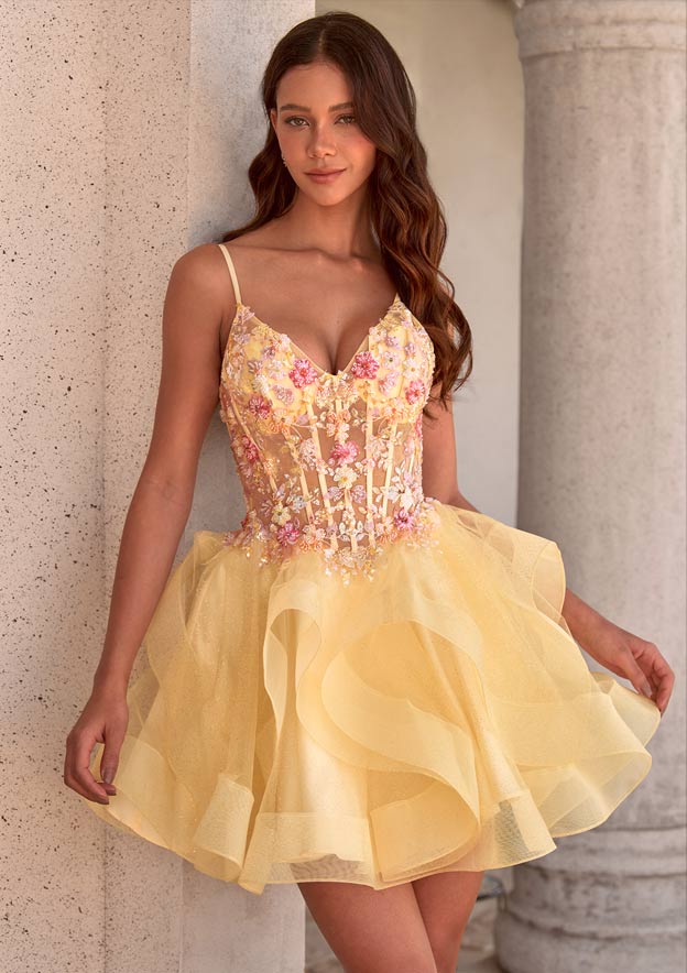 A-line Tiered Ruffle Homecoming Dress with Floral Applique Corset