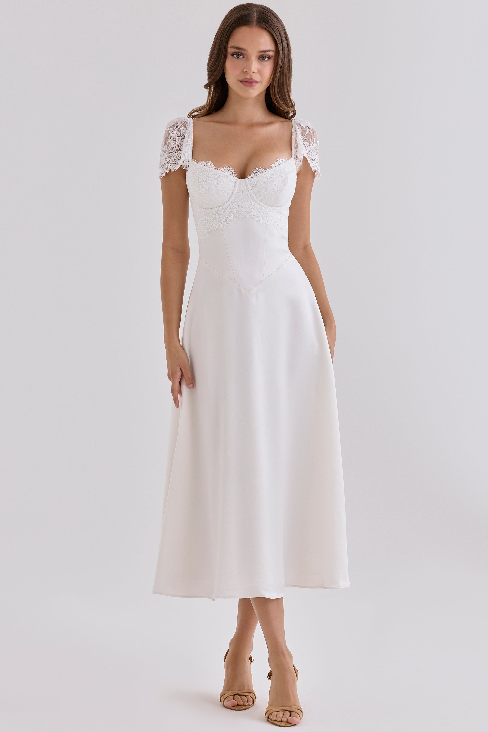 Selena White Satin + Lace Midi Dress