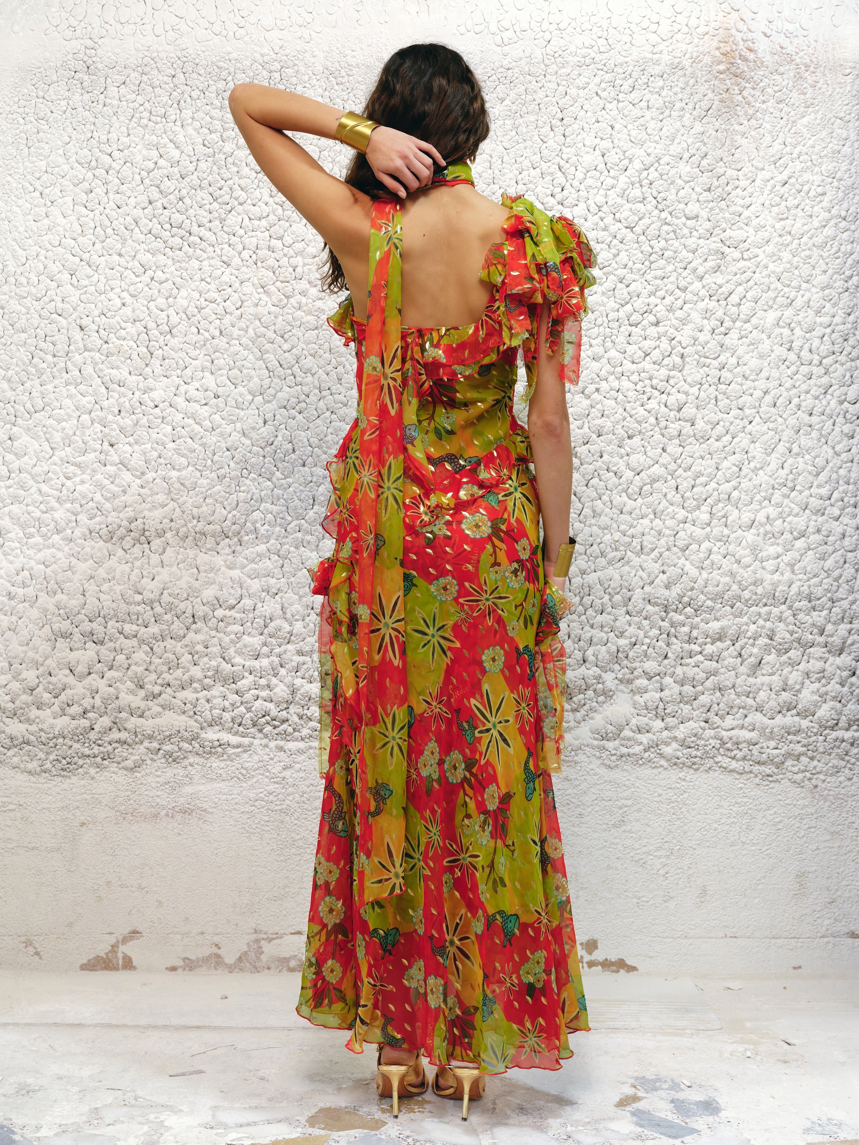 MONICA - Ruffled chiffon maxi dress with scarf detail
