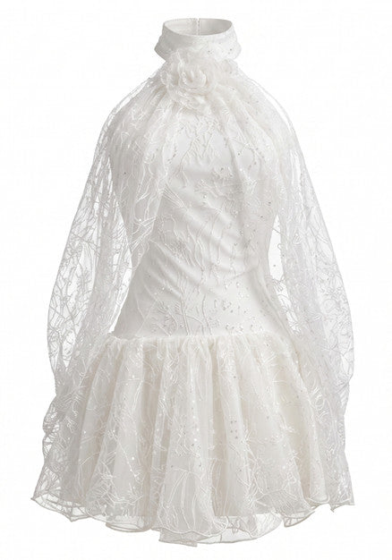 Halter Draped Lace A Line Dress White