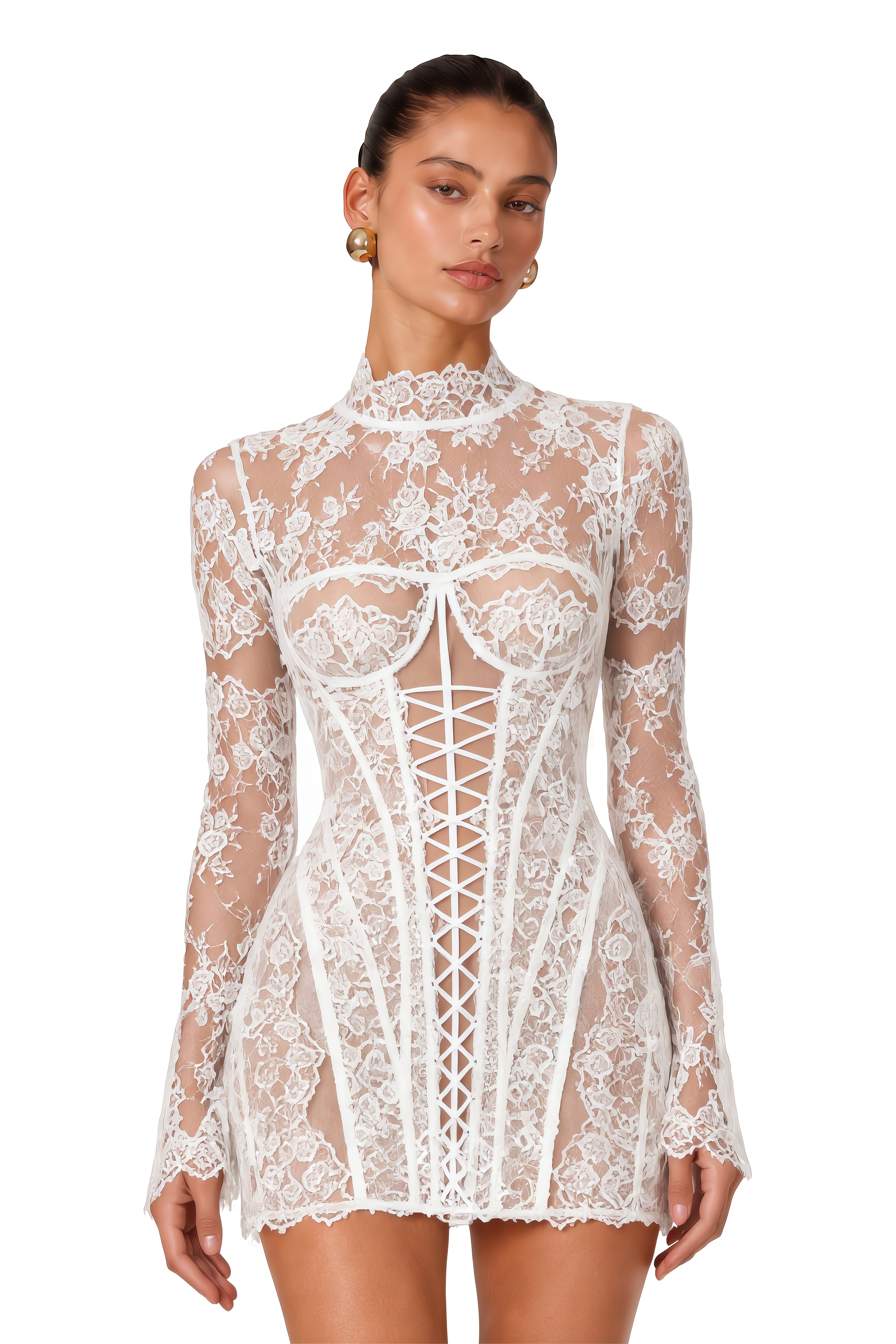 Bulelwa White Semi-Sheer Floral Lace Mini Dress