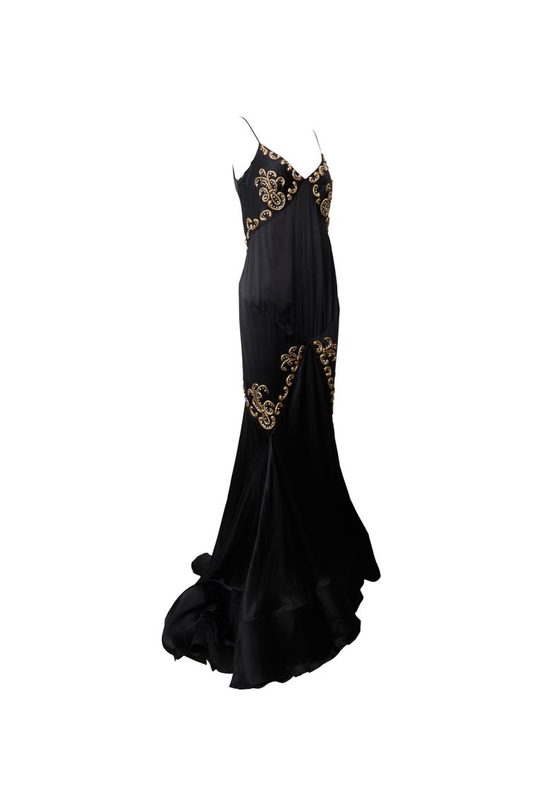 ROBERTO CAVALLI S/s 2004 Black Gold Embroidery Fishtail Silk Slip Dress Gown