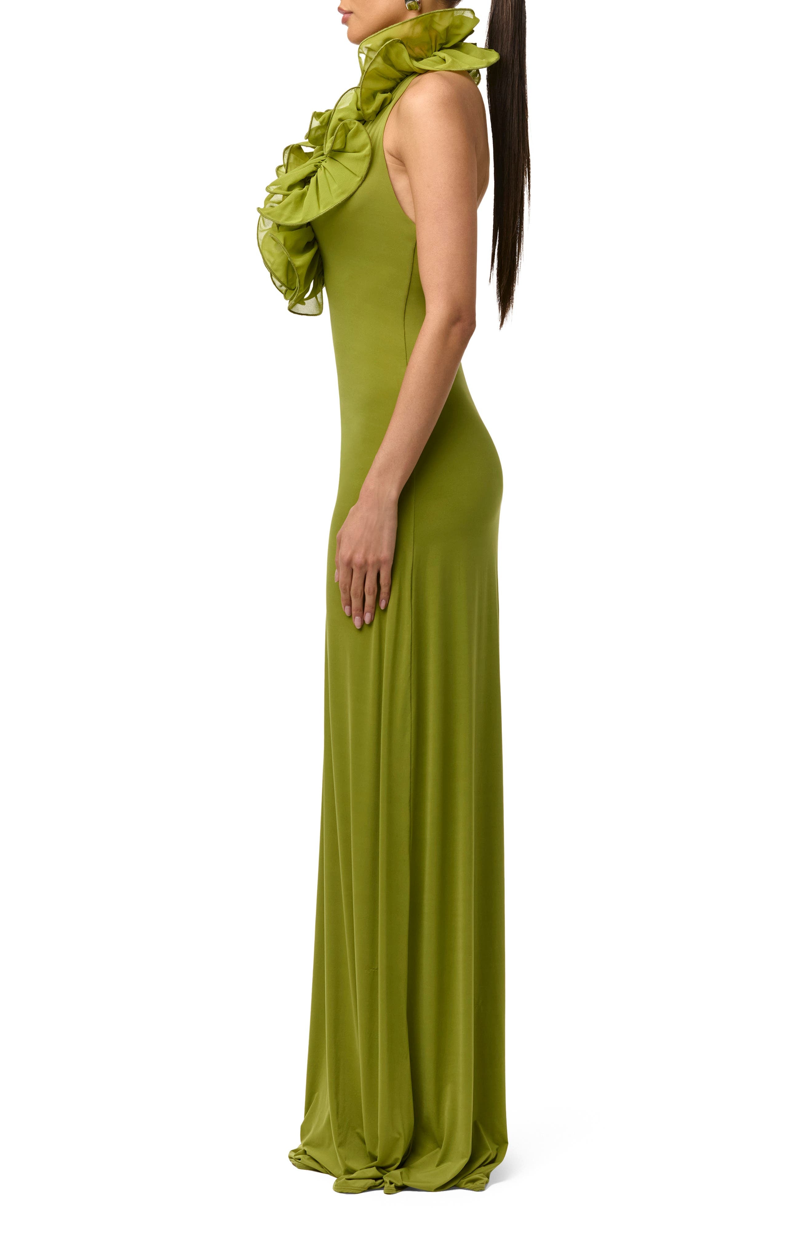 Ruffle Plunge Halter Maxi Dress