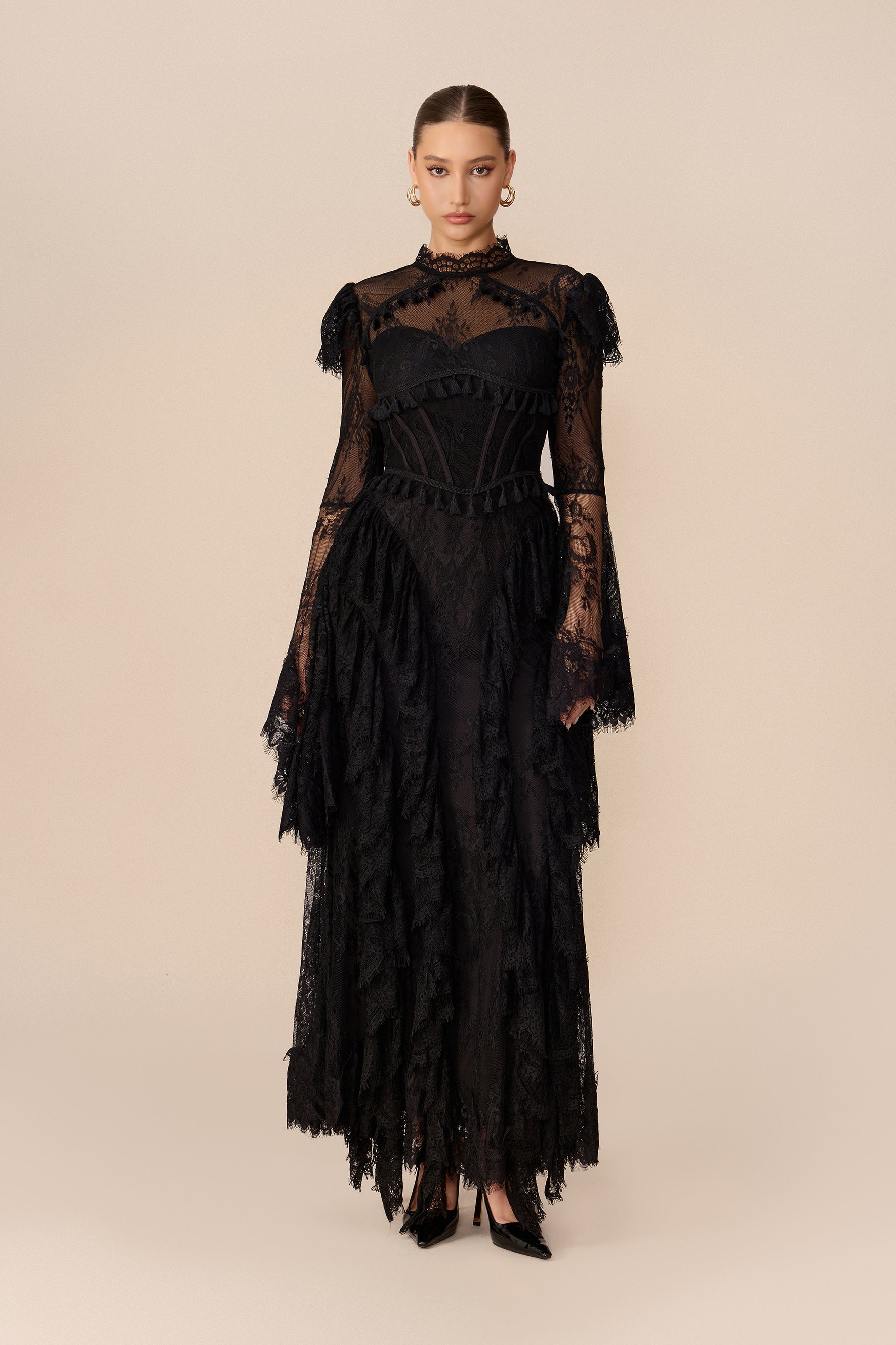 Vintage Allure Black Lace Corset Bell Sleeve Maxi Dress