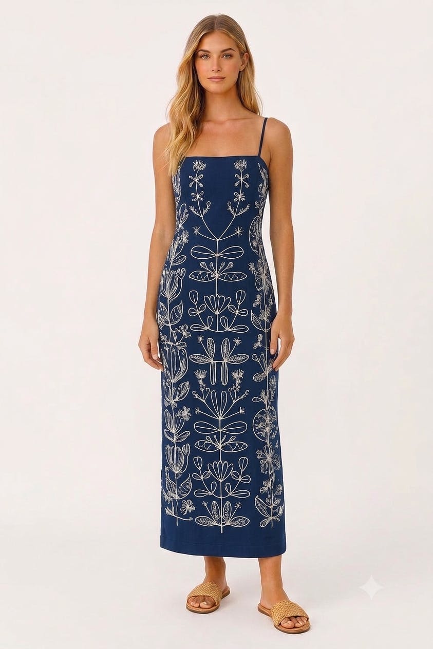 Vince Navy Embroidery Midi Dress