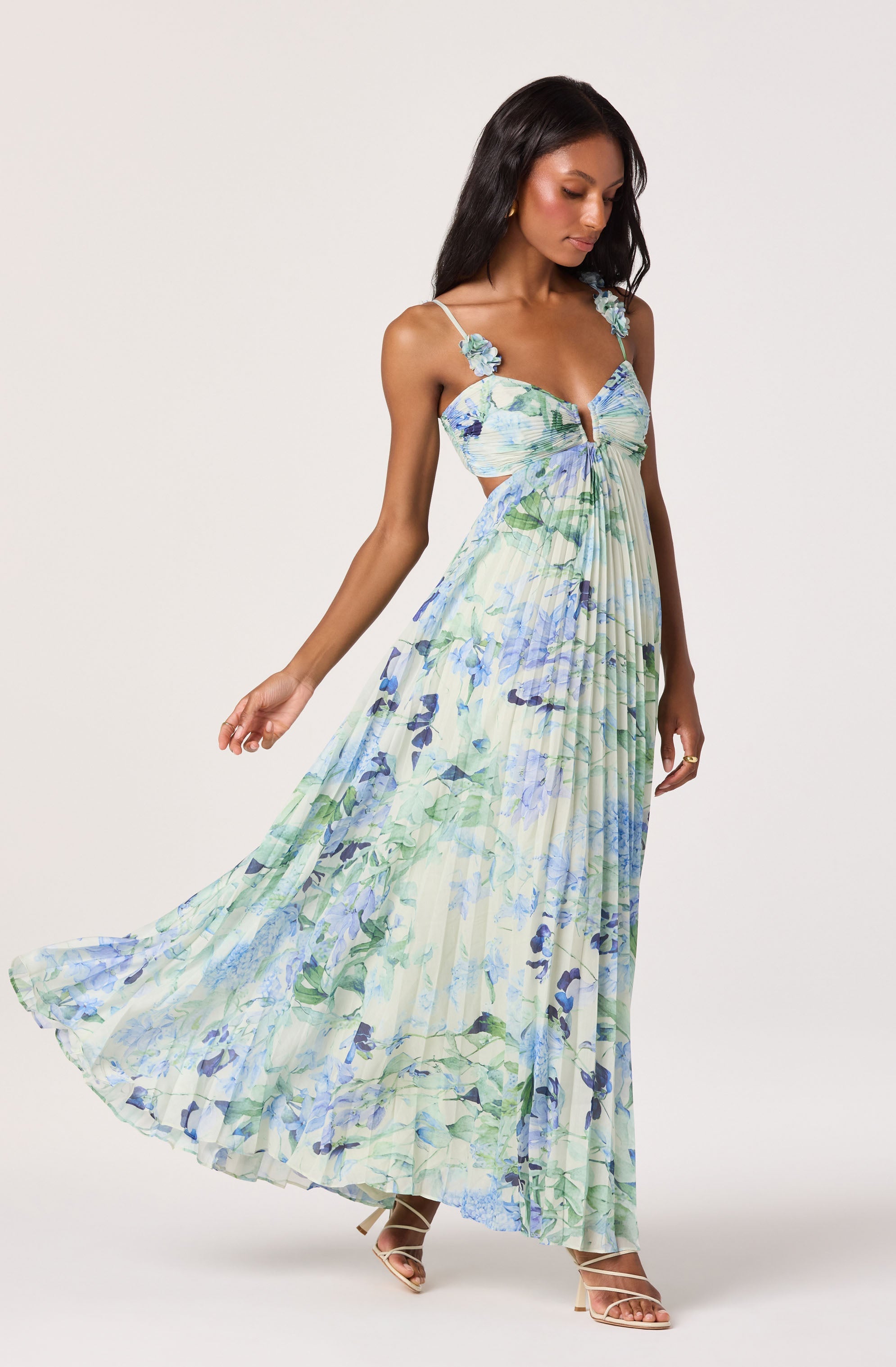 Emese Floral Cutout Maxi Dress - Green blue floral