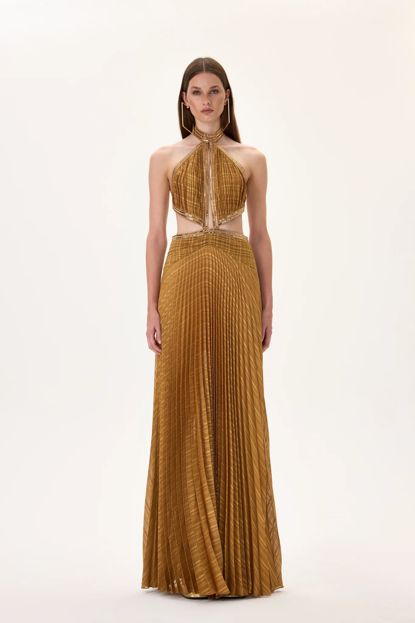 Pleated Chiffon Maxi Dress With Gold Rhinestone Borders