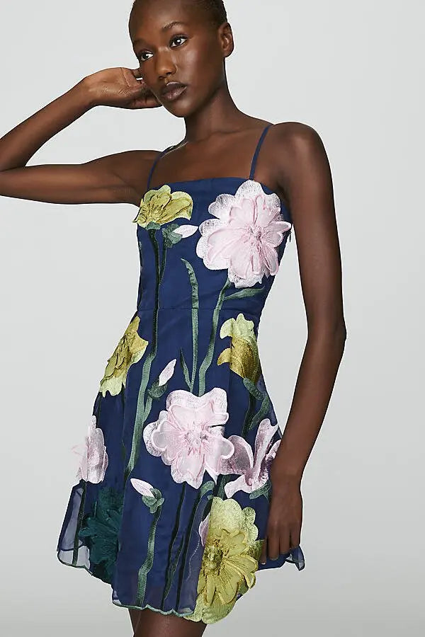 Floral Organza Mini Dress - Navy