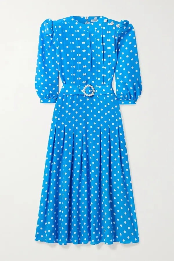 Pintucked Embellished Polka-dot Silk Crepe De Chine Midi Dress