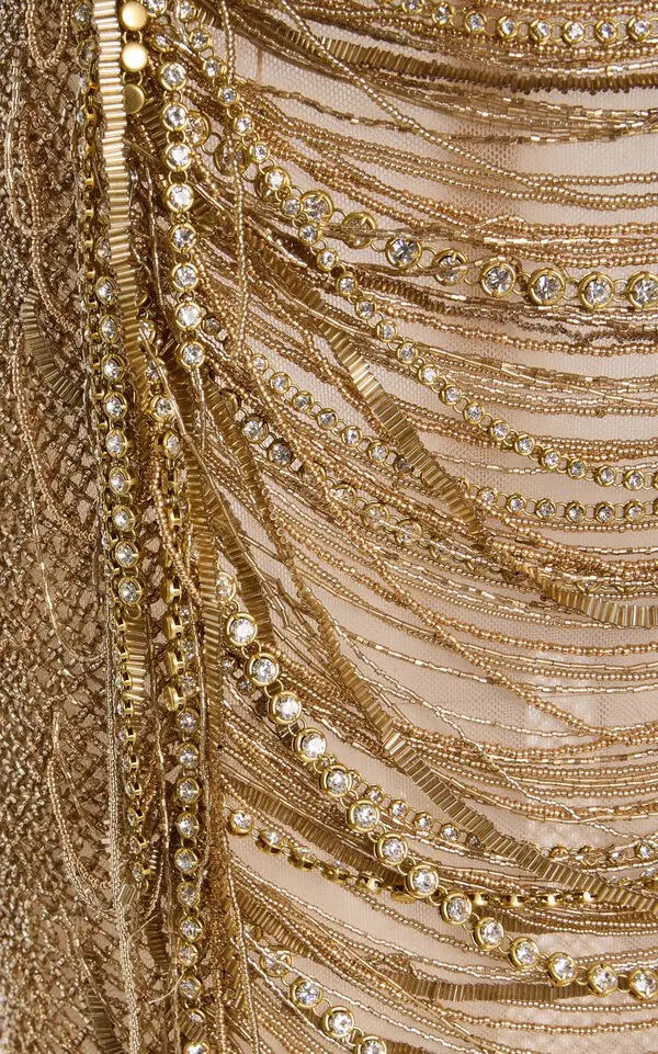 Strapless Bugle Loops Maxi Cocktail Dress - Gold