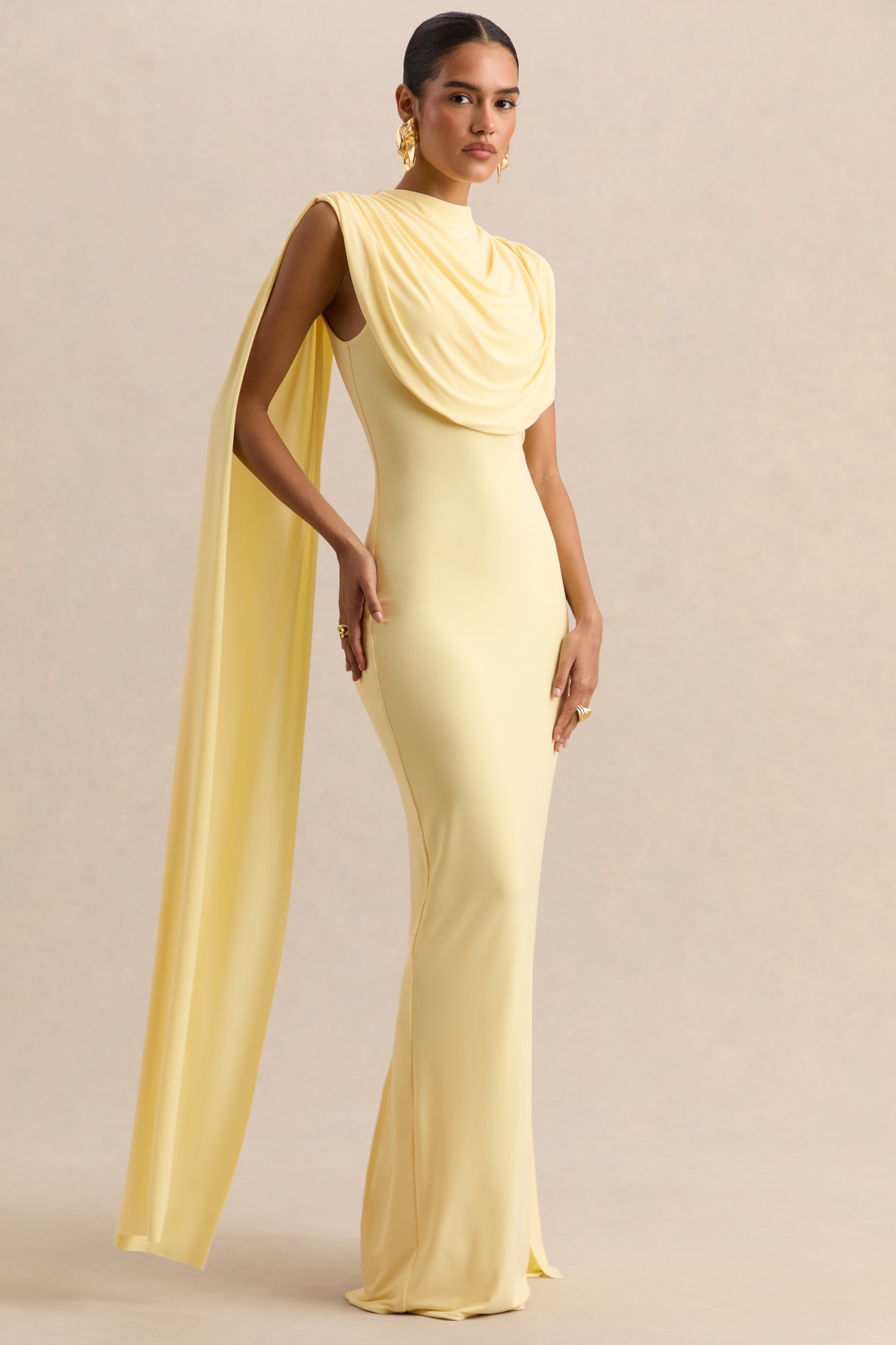 Patrina | Lemon High-Neck Maxi Dress With Draped-Detailing And Cape-Sleeves - US 2 / LEMON