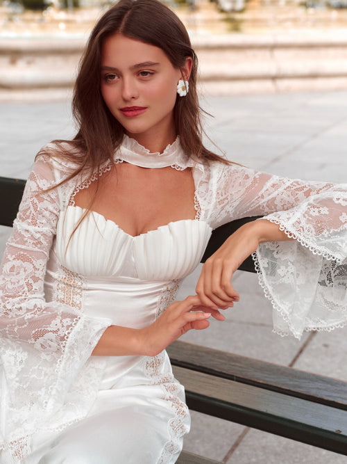 White Swan Lace Chiffon Dress - White